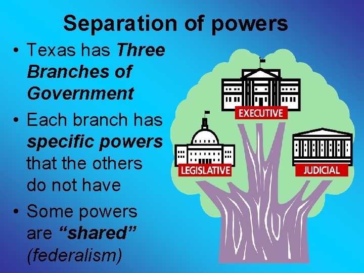 Separation of powers • Texas has Three Branches of Government • Each branch has