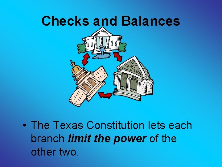 Checks and Balances • The Texas Constitution lets each branch limit the power of