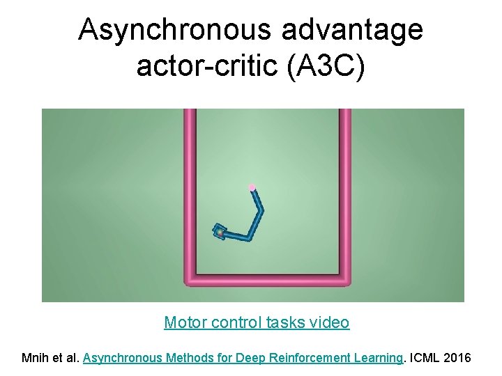 Asynchronous advantage actor-critic (A 3 C) Motor control tasks video Mnih et al. Asynchronous