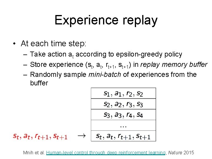 Experience replay • At each time step: – Take action at according to epsilon-greedy