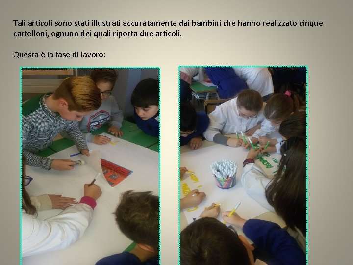Tali articoli sono stati illustrati accuratamente dai bambini che hanno realizzato cinque cartelloni, ognuno Tali articoli sono stati illustrati accuratamente dai bambini che hanno realizzato cinque cartelloni, ognuno