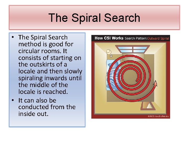 The Spiral Search • The Spiral Search method is good for circular rooms. It