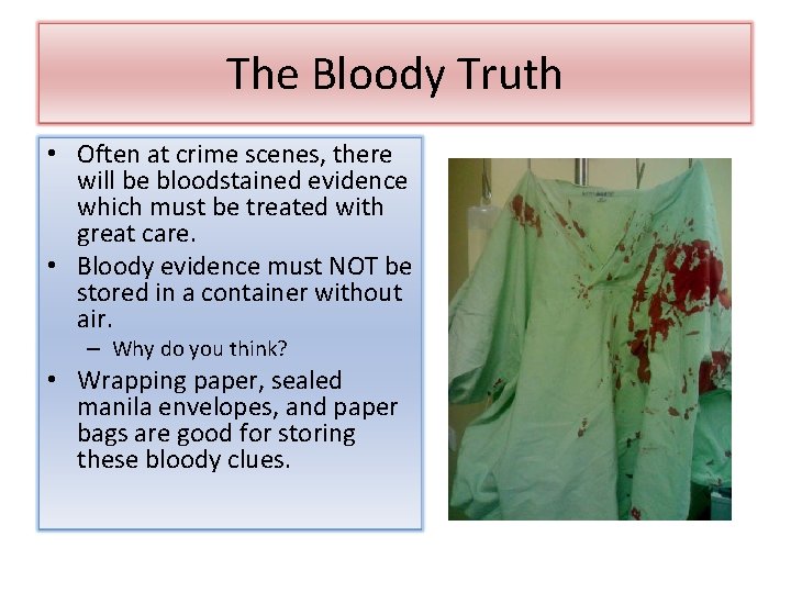 The Bloody Truth • Often at crime scenes, there will be bloodstained evidence which
