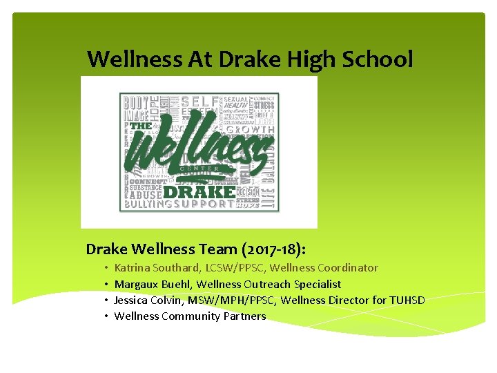 Wellness At Drake High School Drake Wellness Team (2017 -18): • • Katrina Southard,