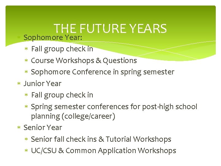 THE FUTURE YEARS Sophomore Year: Fall group check in Course Workshops & Questions Sophomore