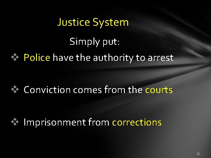  Justice System Simply put: v Police have the authority to arrest v Conviction