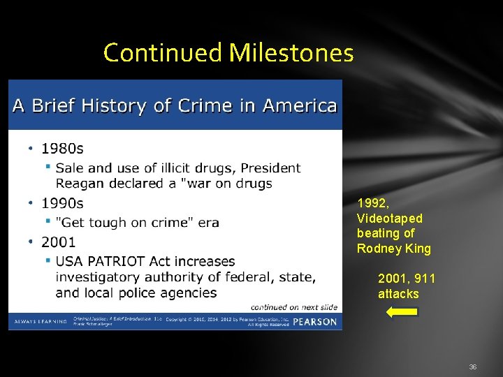  Continued Milestones 1992, Videotaped beating of Rodney King 2001, 911 attacks 36 