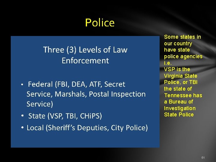  Police Some states in our country have state police agencies i. e. VSP