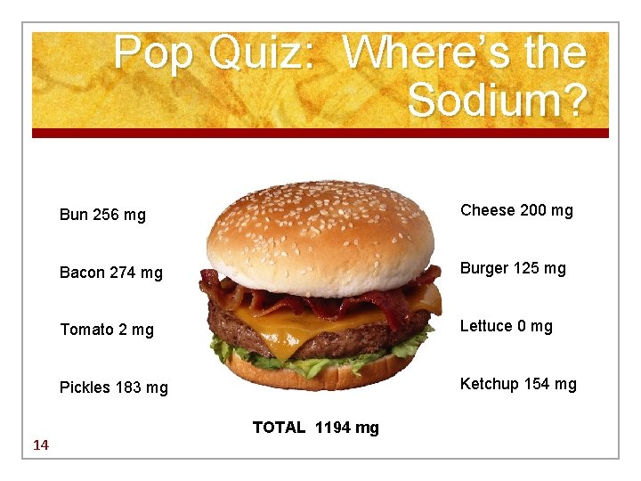 Pop Quiz: Where’s the Sodium? 14 Bun 256 mg Cheese 200 mg Bacon 274 Pop Quiz: Where’s the Sodium? 14 Bun 256 mg Cheese 200 mg Bacon 274