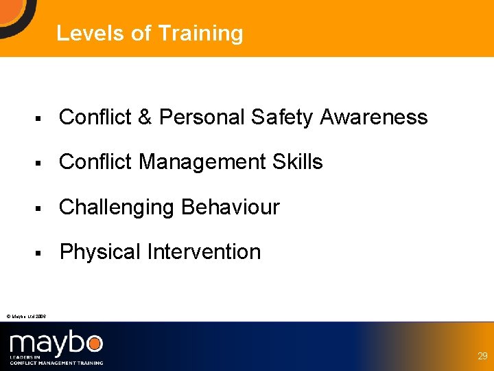 Levels of Training § Conflict & Personal Safety Awareness § Conflict Management Skills §