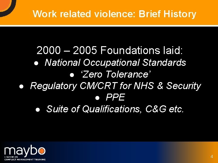 Work related violence: Brief History 2000 – 2005 Foundations laid: National Occupational Standards l