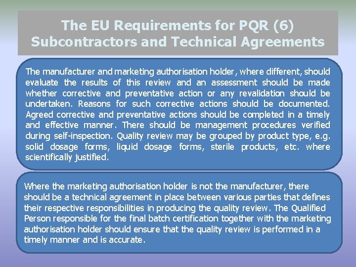 The EU Requirements for PQR (6) Subcontractors and Technical Agreements The manufacturer and marketing