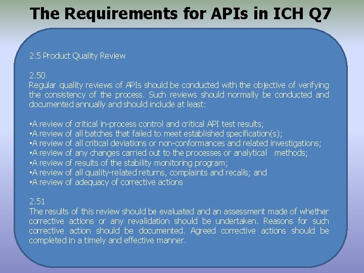 The Requirements for APIs in ICH Q 7 2. 5 Product Quality Review 2.