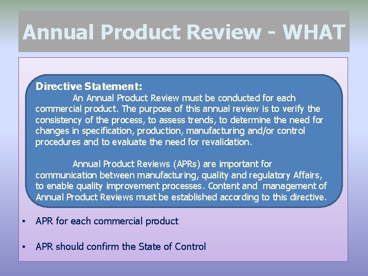 Annual Product Review - WHAT Directive Statement: An Annual Product Review must be conducted