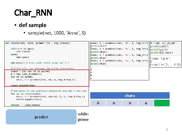 Char_RNN • def sample • sample(net, 1000, ‘Anna’, 5) chars A predict n n