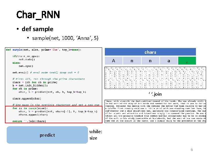 Char_RNN • def sample • sample(net, 1000, ‘Anna’, 5) chars A n n a