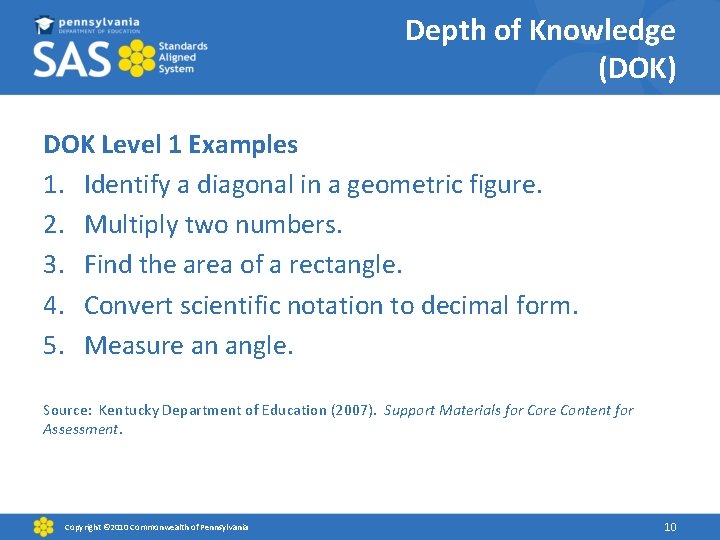 Depth of Knowledge (DOK) DOK Level 1 Examples 1. Identify a diagonal in a