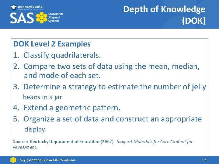 Depth of Knowledge (DOK) DOK Level 2 Examples 1. Classify quadrilaterals. 2. Compare two