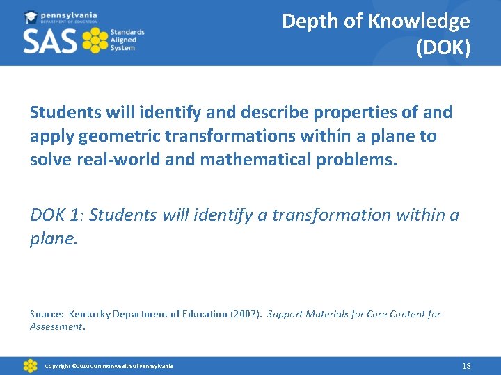 Depth of Knowledge (DOK) Students will identify and describe properties of and apply geometric