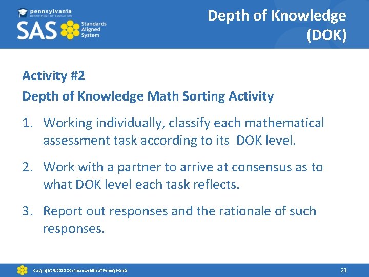 Depth of Knowledge (DOK) Activity #2 Depth of Knowledge Math Sorting Activity 1. Working