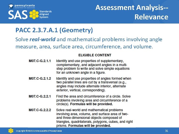 Assessment Analysis-Relevance PACC 2. 3. 7. A. 1 (Geometry) Solve real-world and mathematical problems