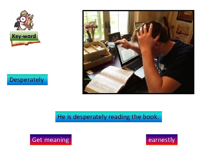 Key-word Desperately He is desperately reading the book. Get meaning earnestly 