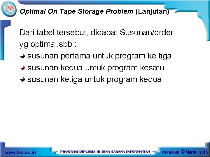 Optimal On Tape Storage Problem (Lanjutan) Dari tabel tersebut, didapat Susunan/order yg optimal, sbb