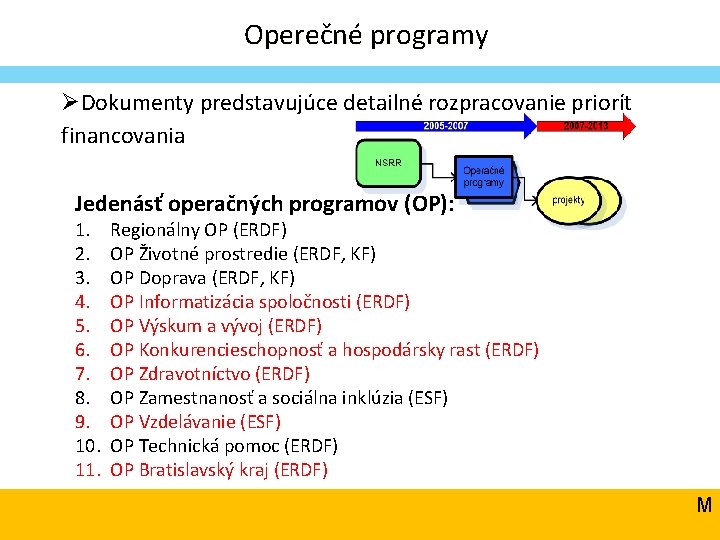 Operečné programy ØDokumenty predstavujúce detailné rozpracovanie priorít financovania Jedenásť operačných programov (OP): 1. 2. Operečné programy ØDokumenty predstavujúce detailné rozpracovanie priorít financovania Jedenásť operačných programov (OP): 1. 2.