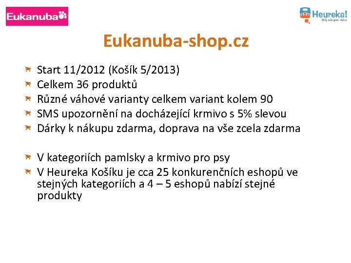 Eukanuba-shop. cz Start 11/2012 (Košík 5/2013) Celkem 36 produktů Různé váhové varianty celkem variant