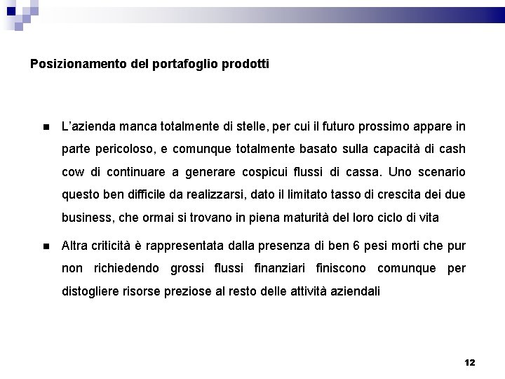 Posizionamento del portafoglio prodotti L’azienda manca totalmente di stelle, per cui il futuro prossimo