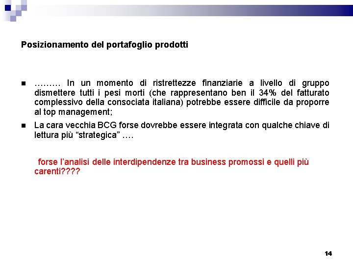 Posizionamento del portafoglio prodotti ……… In un momento di ristrettezze finanziarie a livello di