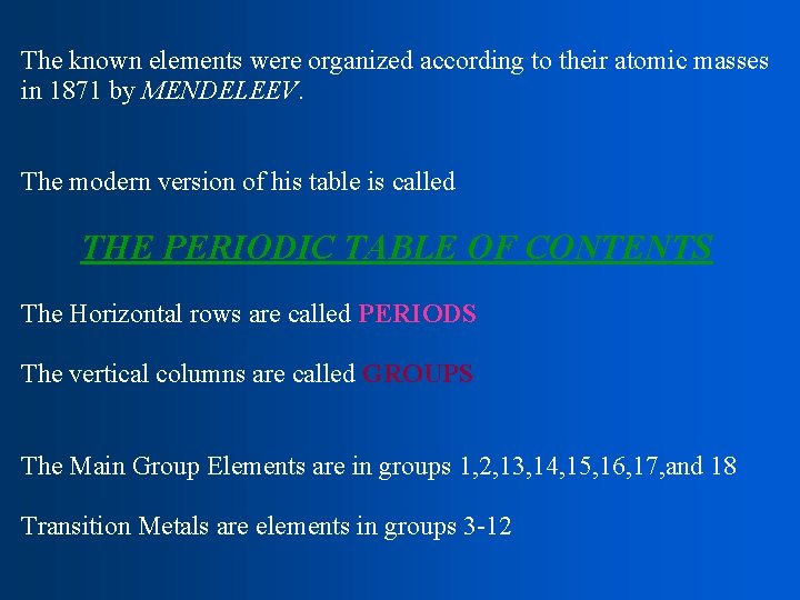 The known elements were organized according to their atomic masses in 1871 by MENDELEEV.