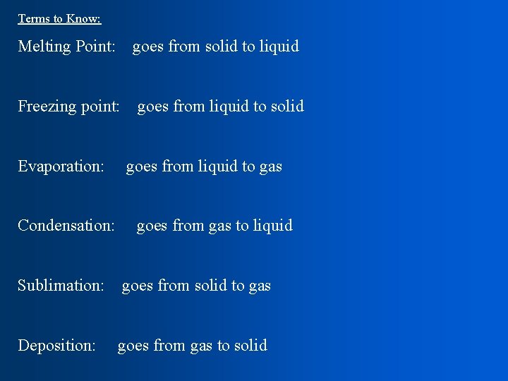Terms to Know: Melting Point: goes from solid to liquid Freezing point: goes from