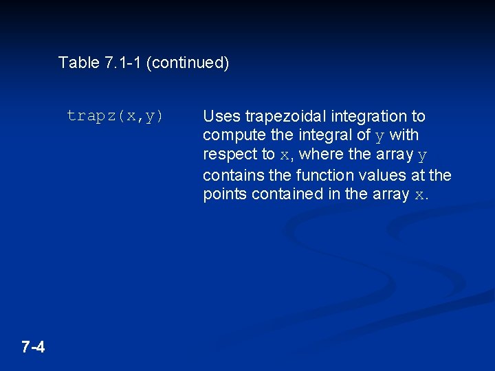 Table 7. 1 -1 (continued) trapz(x, y) 7 -4 Uses trapezoidal integration to compute