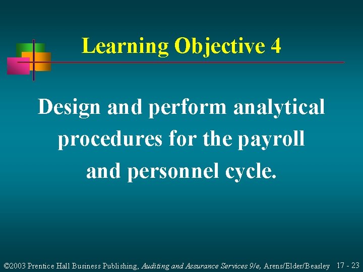 Learning Objective 4 Design and perform analytical procedures for the payroll and personnel cycle. Learning Objective 4 Design and perform analytical procedures for the payroll and personnel cycle.