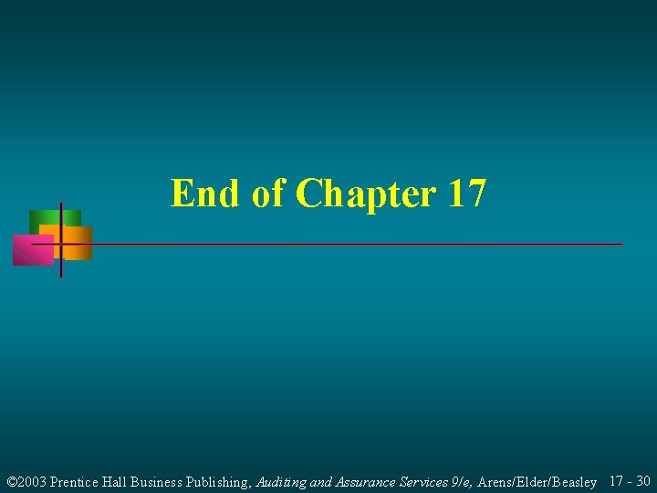 End of Chapter 17 © 2003 Prentice Hall Business Publishing, Auditing and Assurance Services End of Chapter 17 © 2003 Prentice Hall Business Publishing, Auditing and Assurance Services