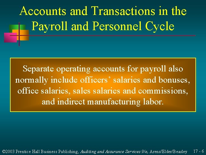 Accounts and Transactions in the Payroll and Personnel Cycle Separate operating accounts for payroll Accounts and Transactions in the Payroll and Personnel Cycle Separate operating accounts for payroll