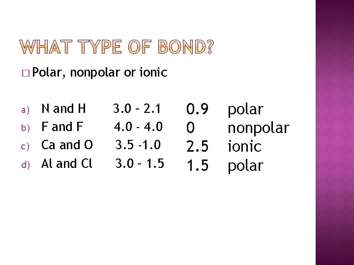 � Polar, a) b) c) d) nonpolar or ionic N and H F and