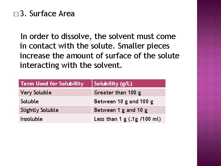 � 3. Surface Area In order to dissolve, the solvent must come in contact