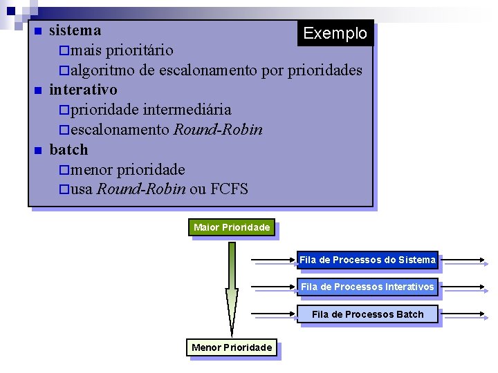 n n n sistema Exemplo ¨mais prioritário ¨algoritmo de escalonamento por prioridades interativo ¨prioridade