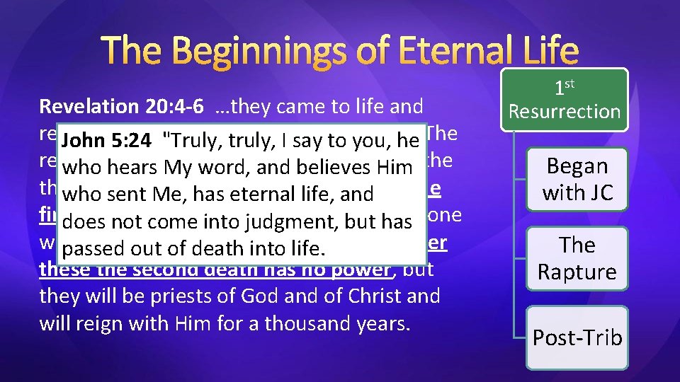 The Beginnings of Eternal Life Revelation 20: 4 -6 …they came to life and