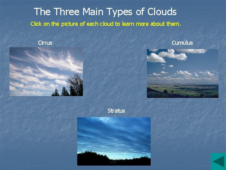 The Three Main Types of Clouds Click on the picture of each cloud to