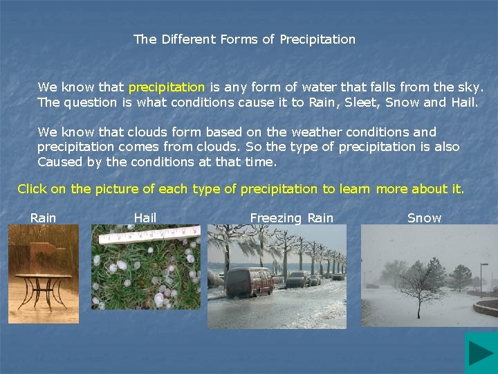 The Different Forms of Precipitation We know that precipitation is any form of water