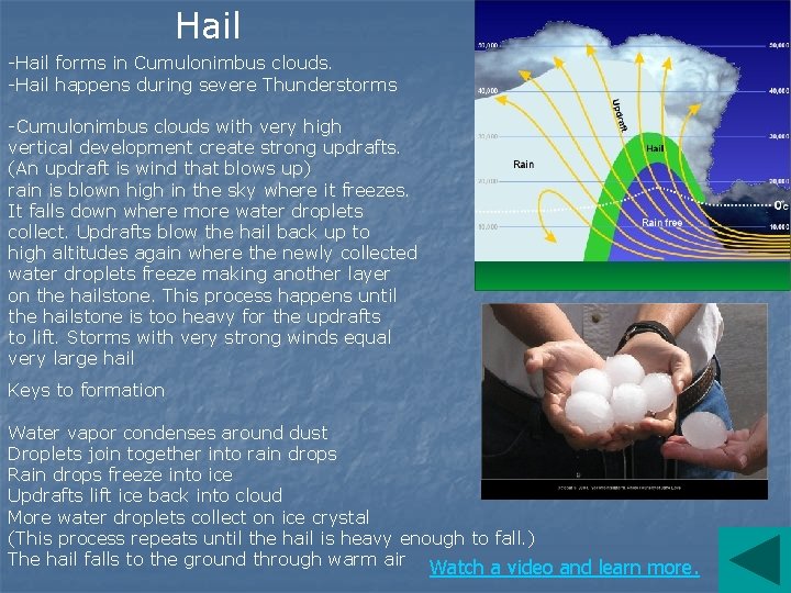 Hail -Hail forms in Cumulonimbus clouds. -Hail happens during severe Thunderstorms -Cumulonimbus clouds with