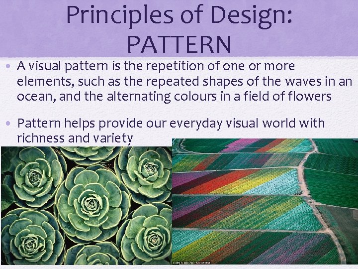 Principles of Design: PATTERN • A visual pattern is the repetition of one or