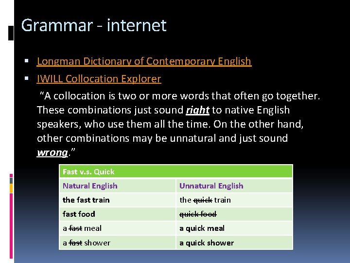 Grammar - internet Longman Dictionary of Contemporary English IWILL Collocation Explorer “A collocation is