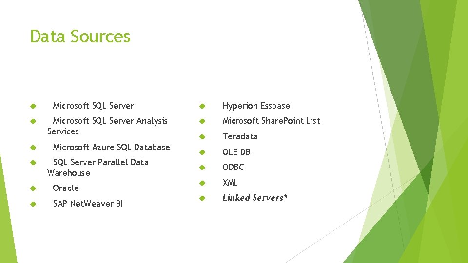 Data Sources Microsoft SQL Server Analysis Services Microsoft Azure SQL Database SQL Server Parallel