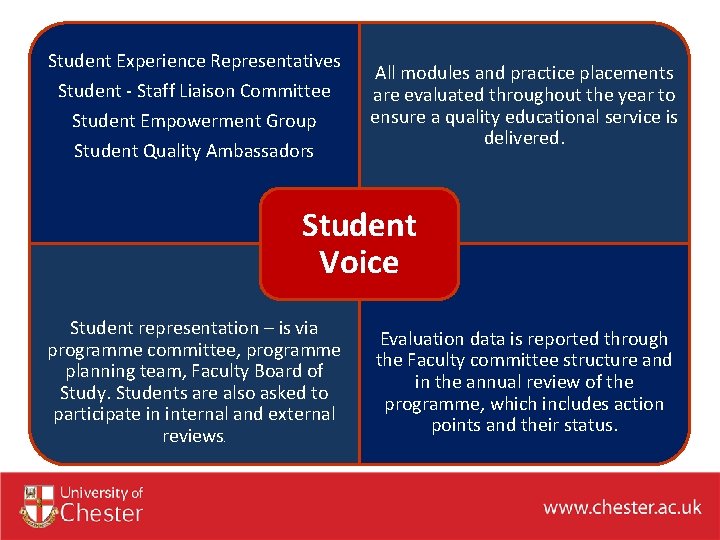 Student Experience Representatives Student - Staff Liaison Committee Student Empowerment Group Student Quality Ambassadors