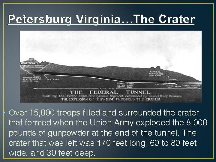Petersburg Virginia…The Crater • Over 15, 000 troops filled and surrounded the crater that
