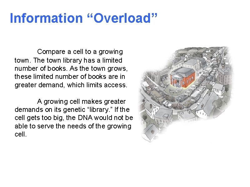 Information “Overload” Compare a cell to a growing town. The town library has a